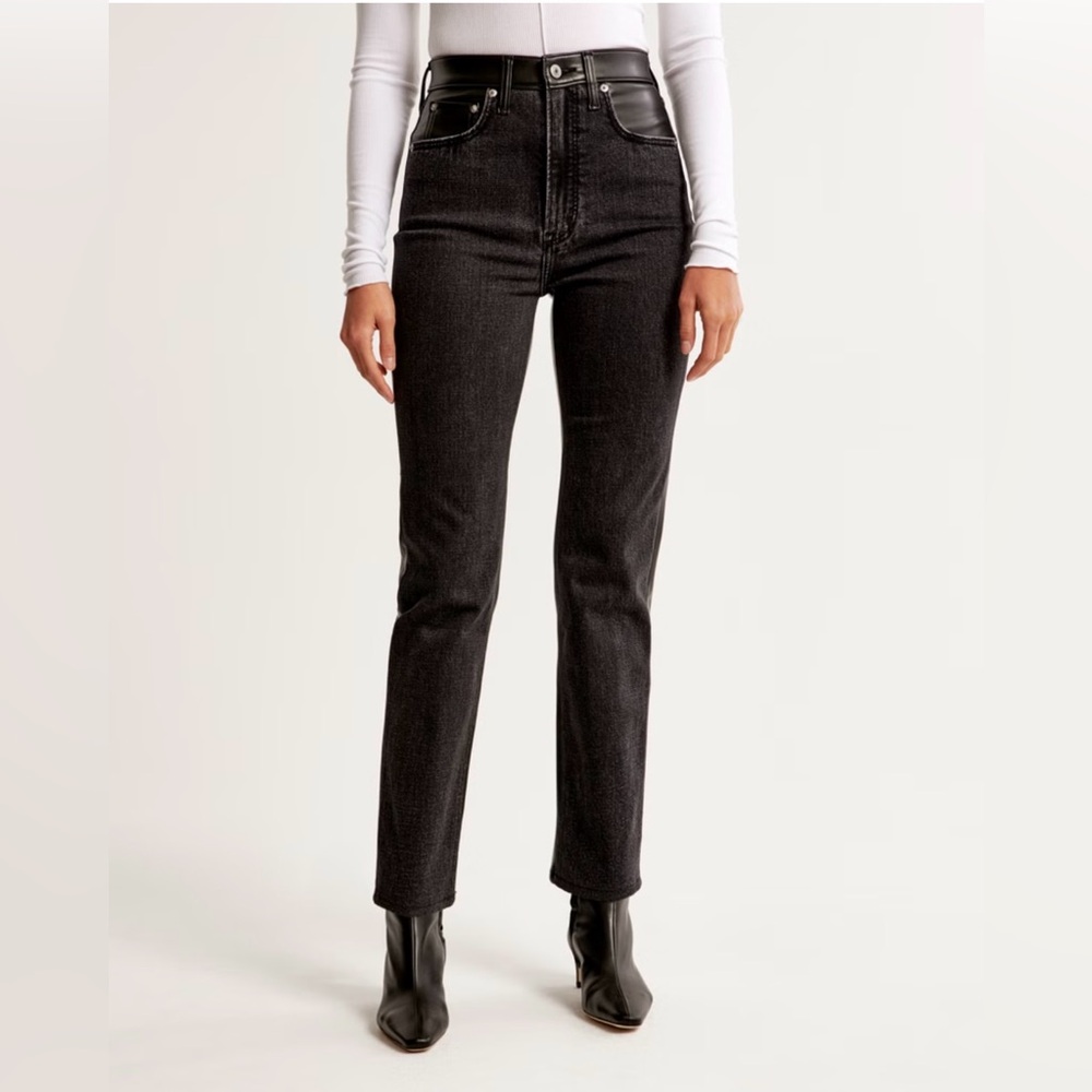 Mixed fabric ultra high rise ankle straight jean
